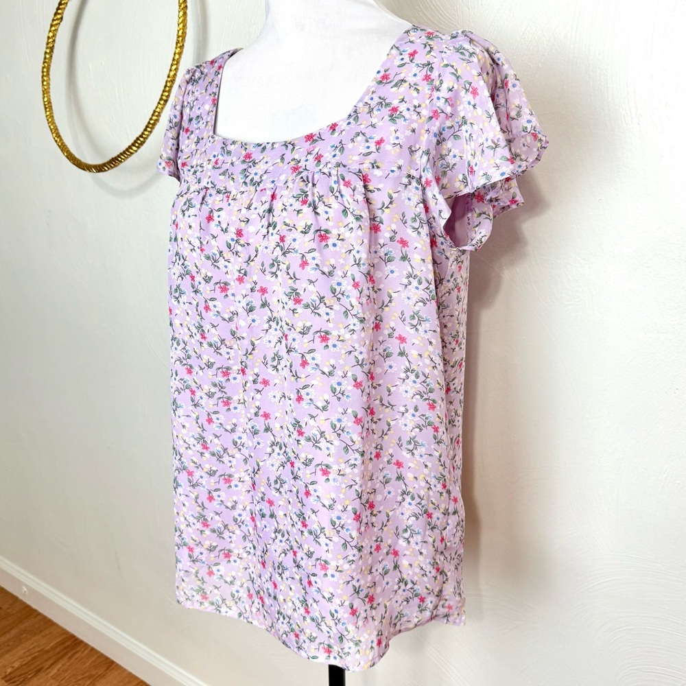 Chiffon Floral Embroidered Square Neck Short Sleeve Ruffle Shirt SIZE MEDIUM NWT